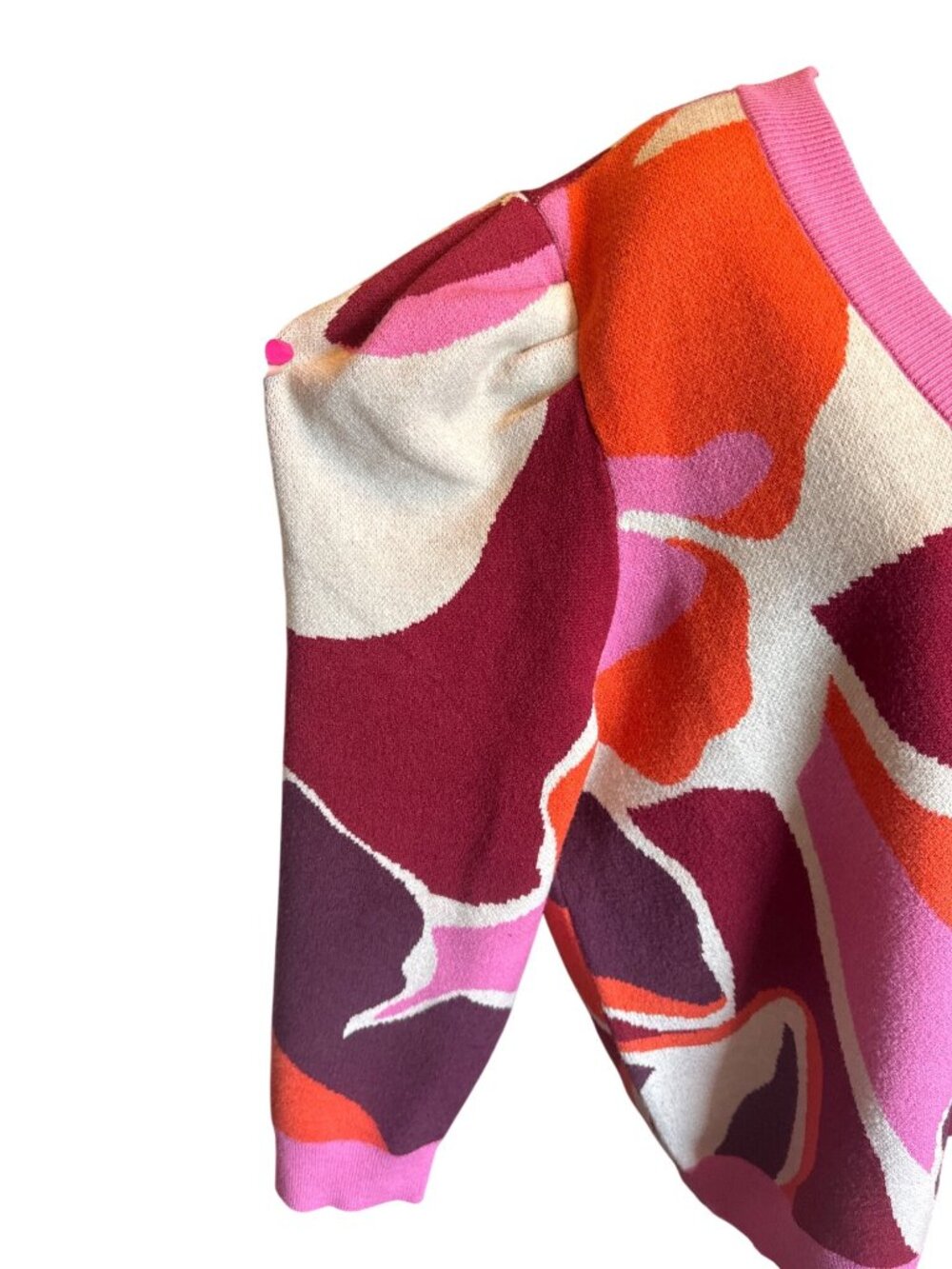 Crosby By Mollie Burch L Abstract Floral Puff Sleeve V Neck Knit Sweater Preppy - Picture 4 of 12